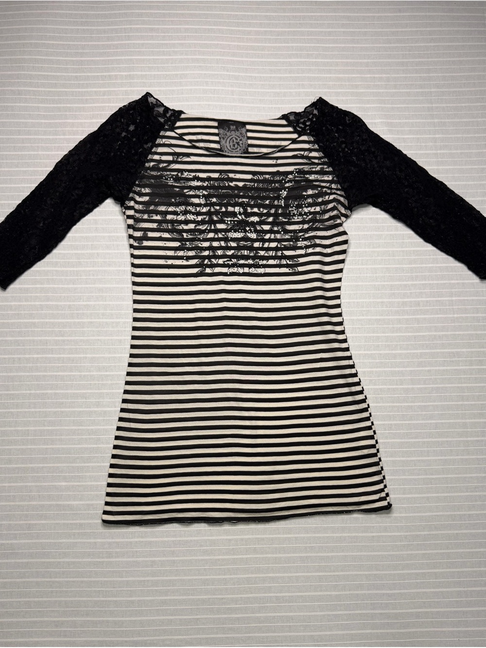 🖤 Crash & Burn Black & White Striped Lace Sleeve Top • Rhinestone Detail